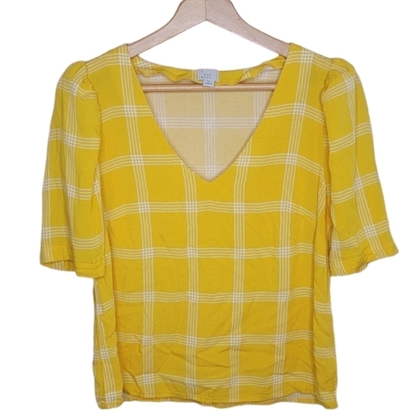 A New Day | Bright Yellow & White Grid Plaid V-neck Blouse Size Medium - Picture 1 of 6